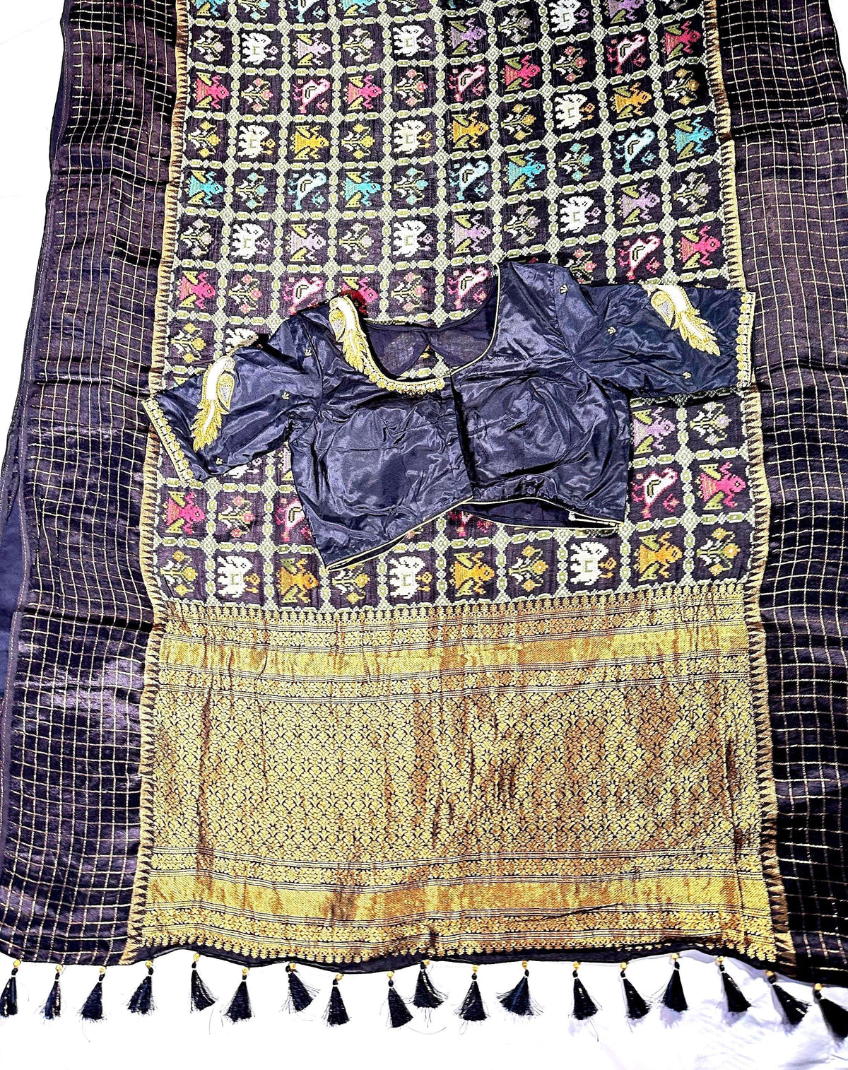 Munga Patola Silk Saree Weaving with Stitched Maggam Blouse, Mushru Satin Border, Grand Woven Pallu, Wedding Saree from 