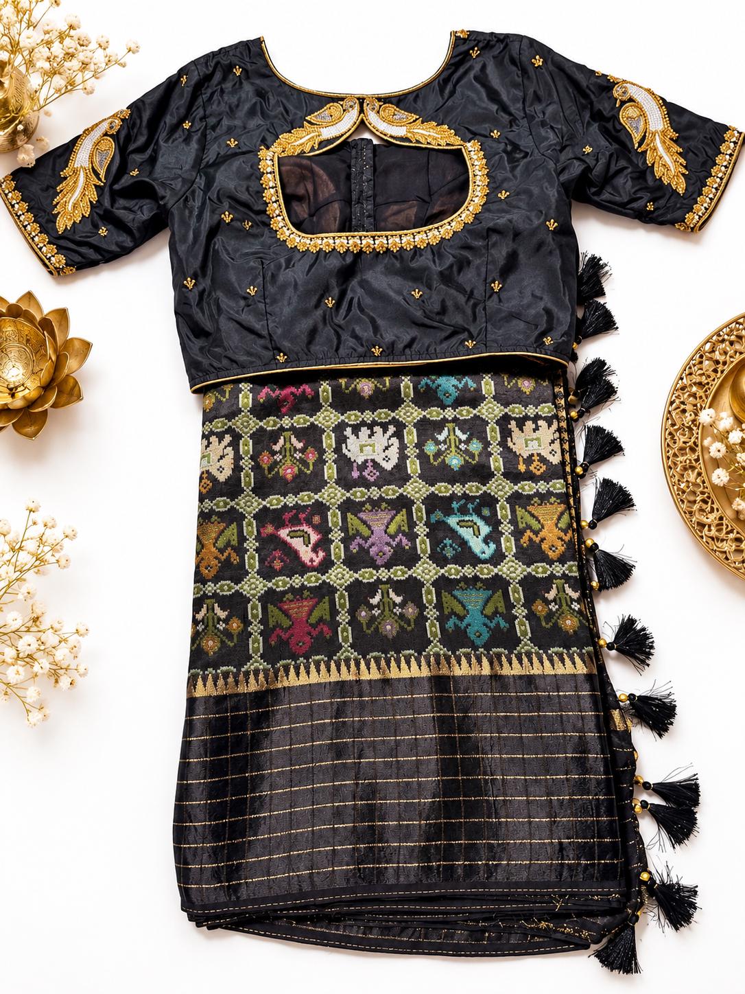Munga Patola Silk Saree Weaving with Stitched Maggam Blouse, Mushru Satin Border, Grand Woven Pallu, Wedding Saree from 