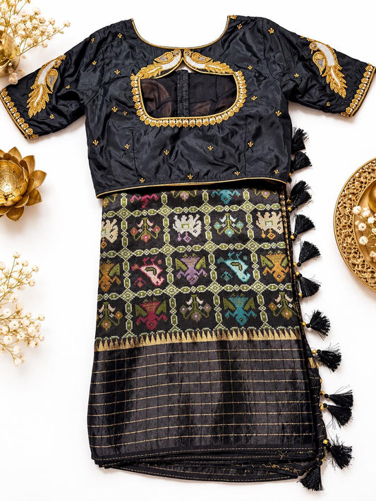 Munga Patola Silk Saree Weaving with Stitched Maggam Blouse, Mushru Satin Border, Grand Woven Pallu, Wedding Saree from 
