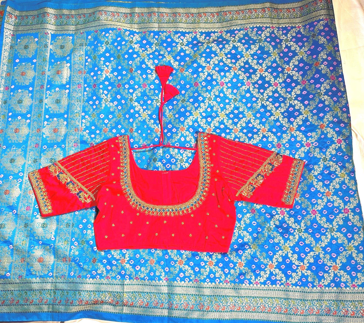 Banarasi Bandhani Dupion Silk Saree with Stitched Blouse, Meenakari Jaal Design, Indian Wedding Gift Saree, Ships from USA - 