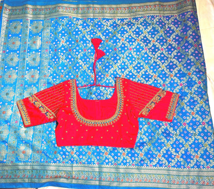 Banarasi Bandhani Dupion Silk Saree with Stitched Blouse, Meenakari Jaal Design, Indian Wedding Gift Saree, Ships from USA - 