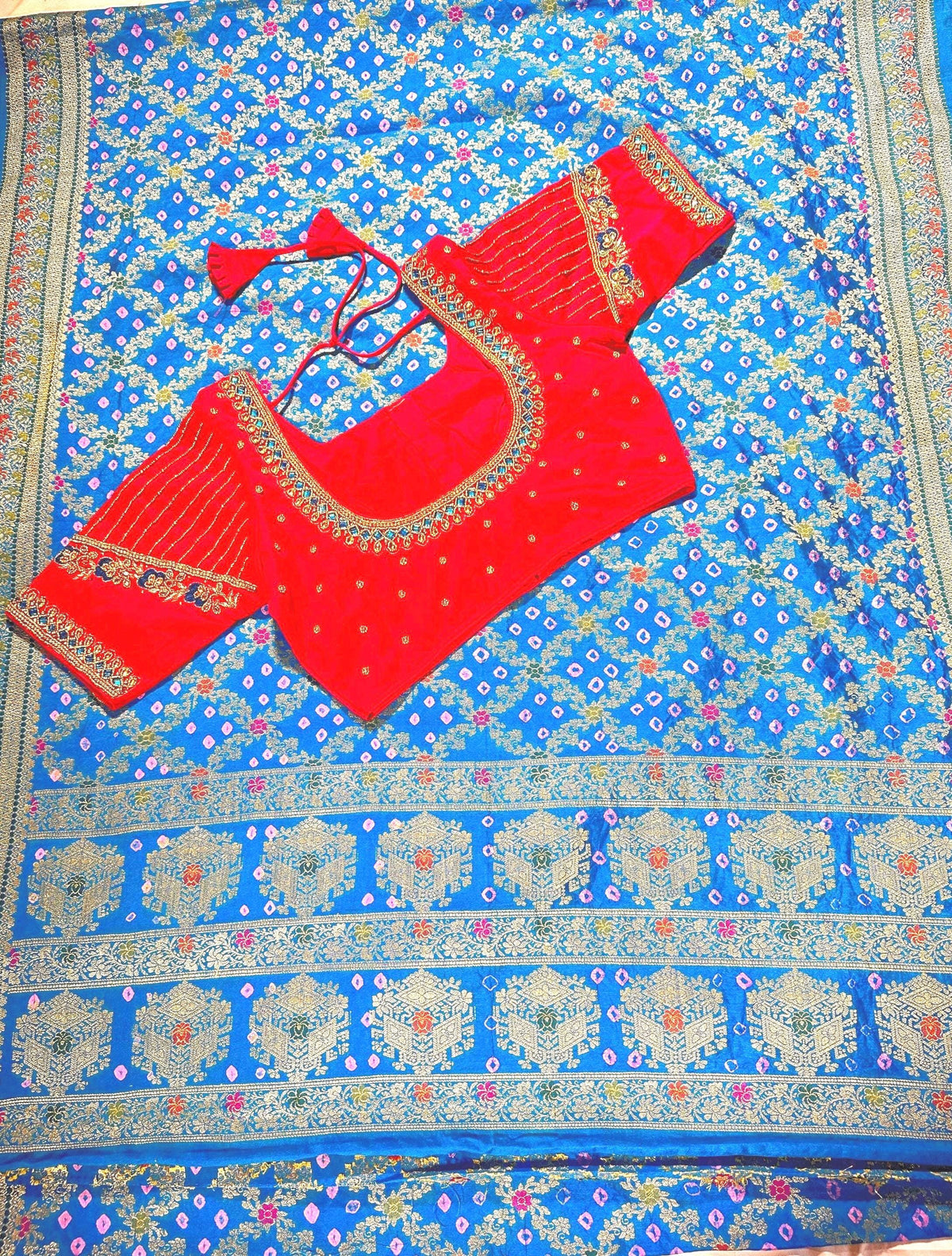 Banarasi Bandhani Dupion Silk Saree with Stitched Blouse, Meenakari Jaal Design, Indian Wedding Gift Saree, Ships from USA - 