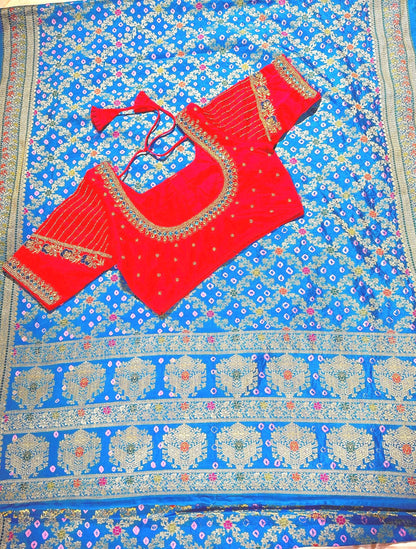 Banarasi Bandhani Dupion Silk Saree with Stitched Blouse, Meenakari Jaal Design, Indian Wedding Gift Saree, Ships from USA - 
