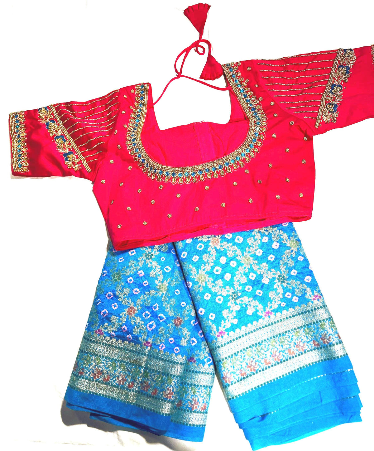 Banarasi Bandhani Dupion Silk Saree with Stitched Blouse, Meenakari Jaal Design, Indian Wedding Gift Saree, Ships from USA - 