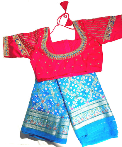 Banarasi Bandhani Dupion Silk Saree with Stitched Blouse, Meenakari Jaal Design, Indian Wedding Gift Saree, Ships from USA - 