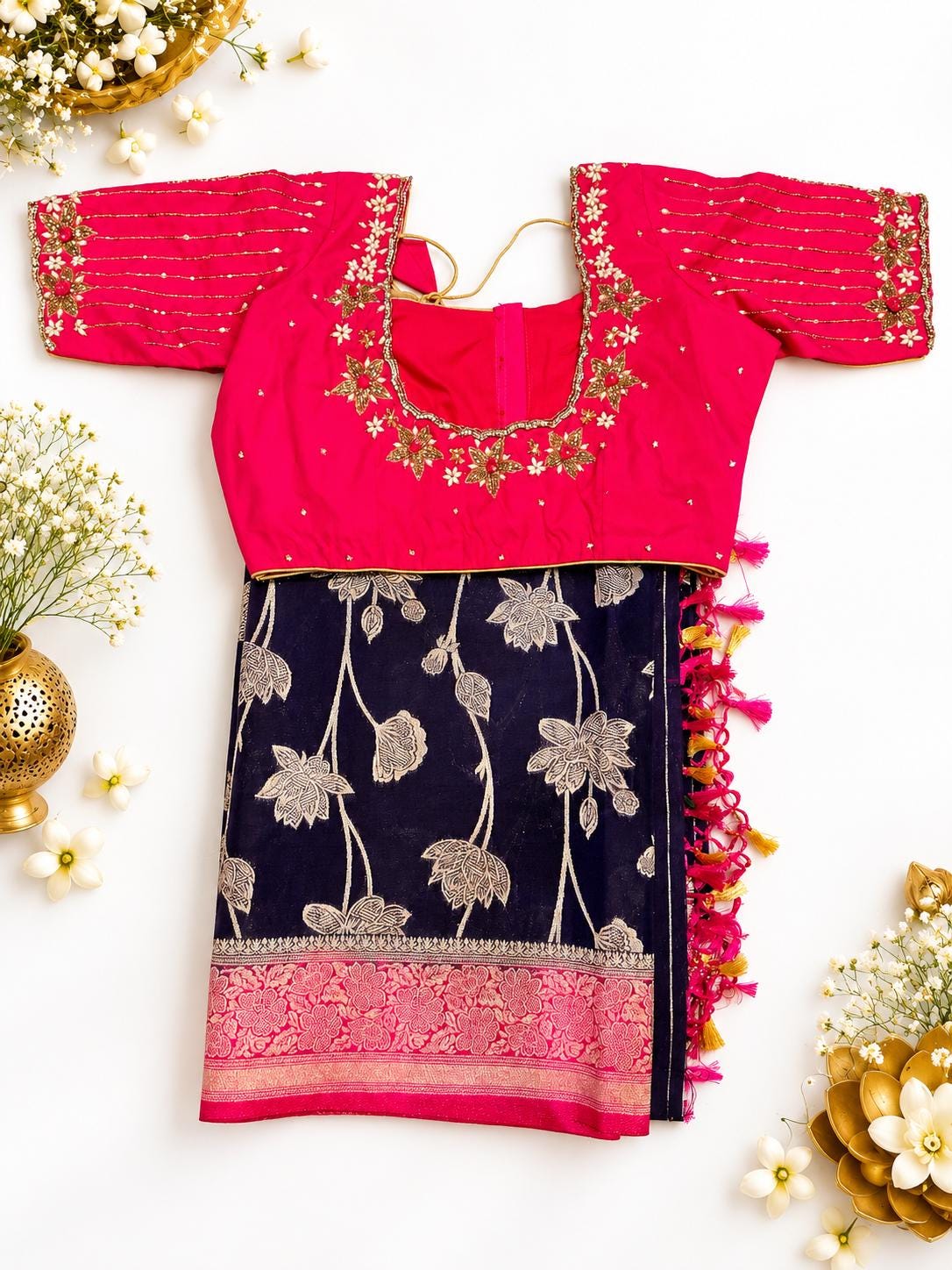 Resham Work Fancy Silk Saree with Stitched Maggam Blouse | Indian Wedding Saree | Festive Wear | Ships from USA