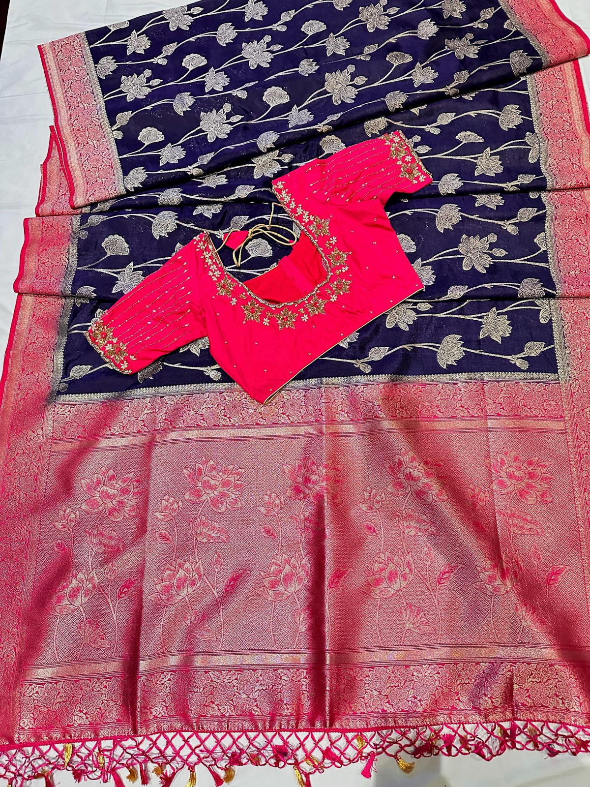Resham Work Fancy Silk Saree with Stitched Maggam Blouse | Indian Wedding Saree | Festive Wear | Ships from USA