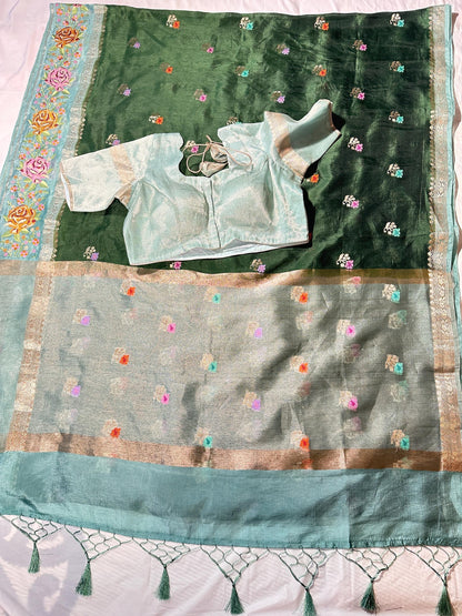 Pure Handloom Banarasi Heavy Petit Point Border Puna Chiniya Pattu Saree with Thread Butti Weaving, - additional product phot