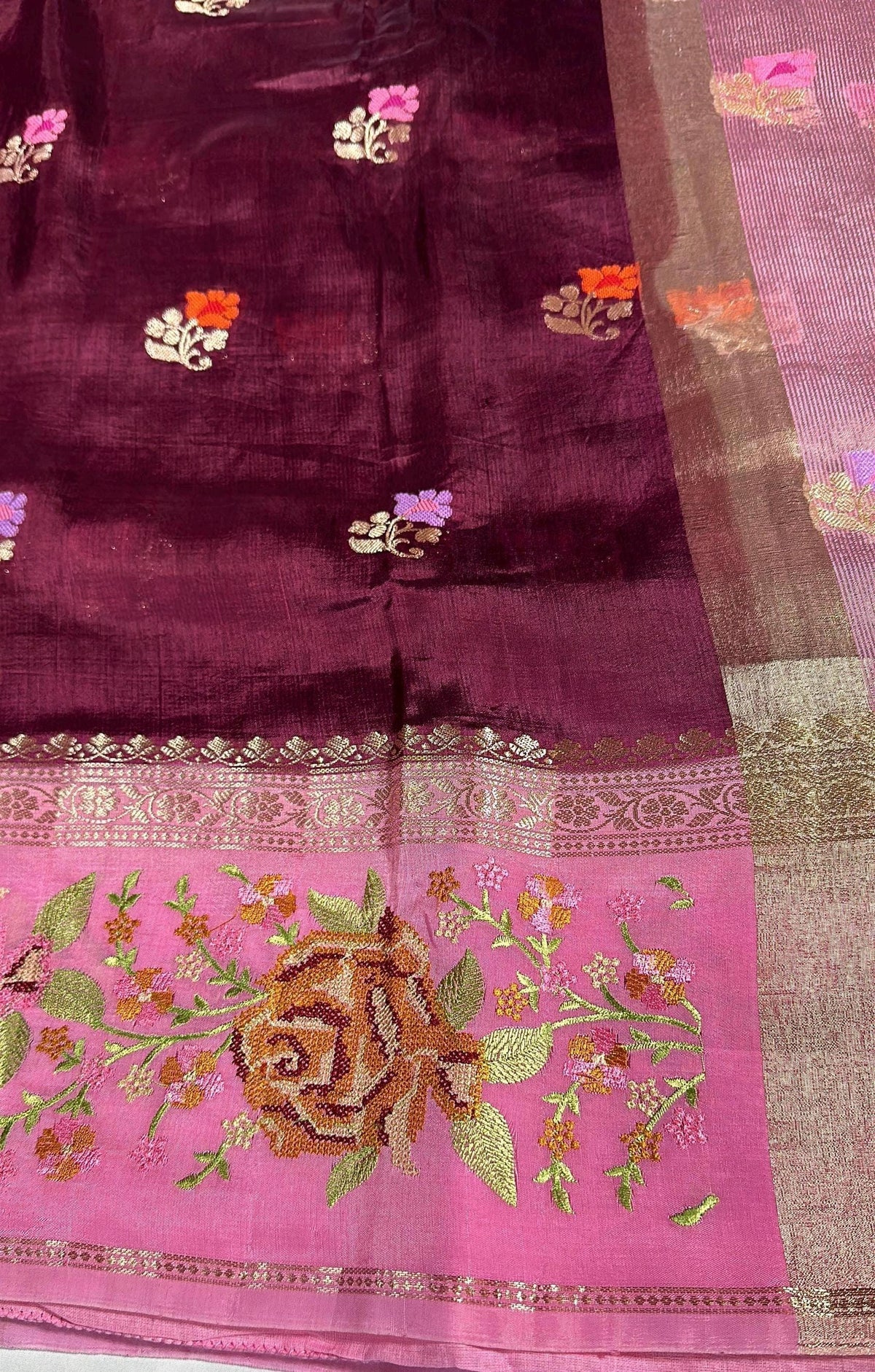 Pure Handloom Banarasi Heavy Petit Point Border Puna Chiniya Pattu Saree with Thread Butti Weaving, - additional product phot