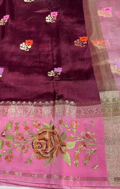 Pure Handloom Banarasi Heavy Petit Point Border Puna Chiniya Pattu Saree with Thread Butti Weaving, - additional product phot