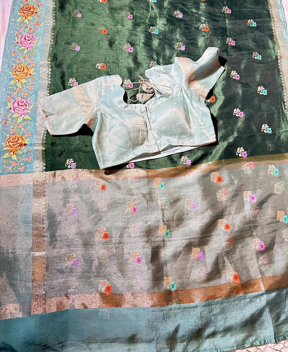 Pure Handloom Banarasi Heavy Petit Point Border Puna Chiniya Pattu Saree with Thread Butti Weaving, - additional product phot