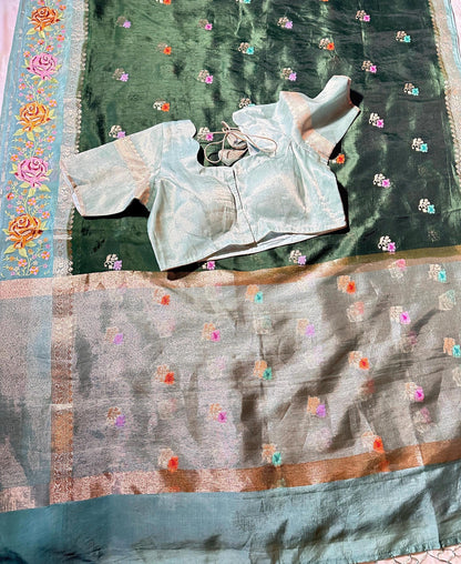 Pure Handloom Banarasi Heavy Petit Point Border Puna Chiniya Pattu Saree with Thread Butti Weaving, - additional product phot