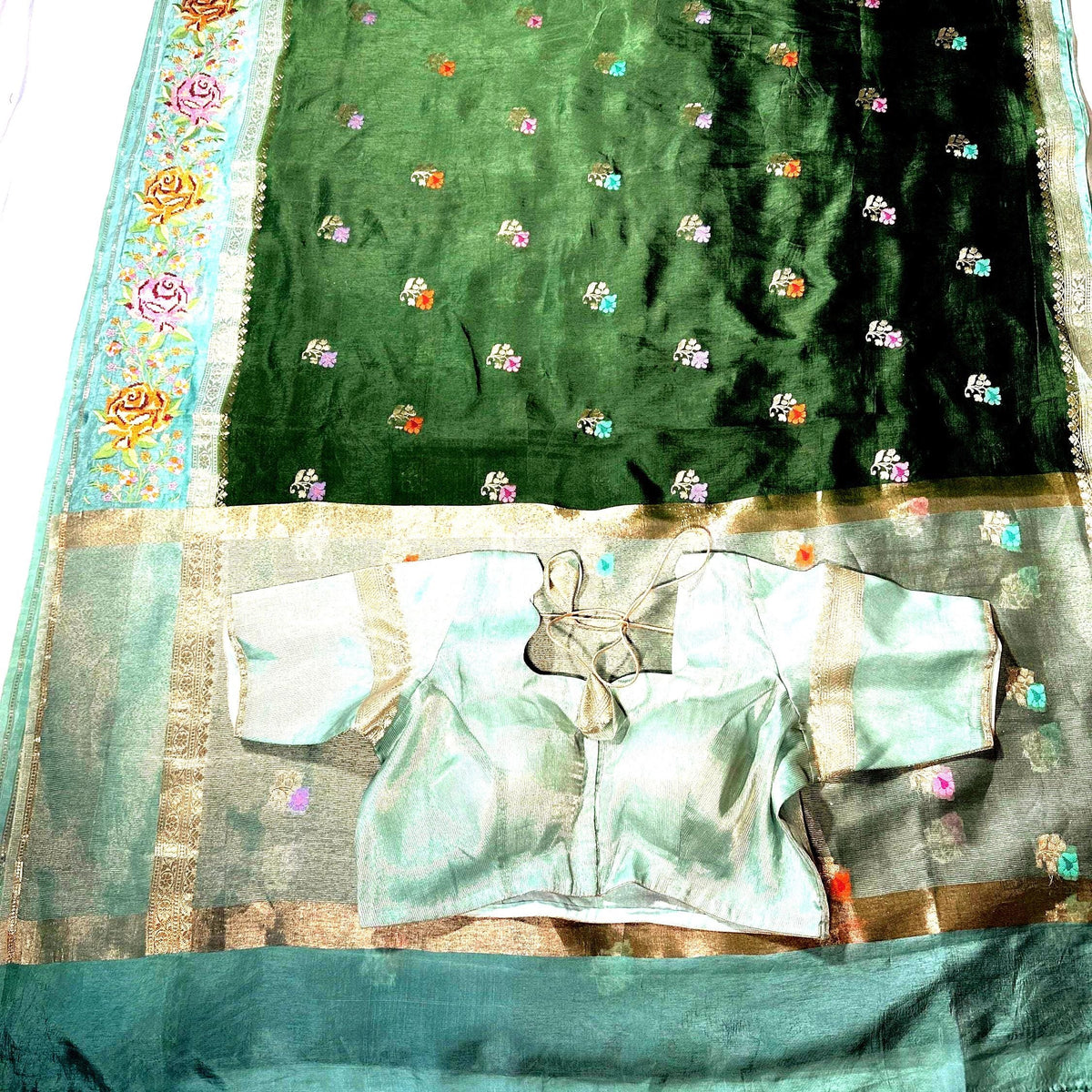 Pure Handloom Banarasi Heavy Petit Point Border Puna Chiniya Pattu Saree with Thread Butti Weaving, - additional product phot