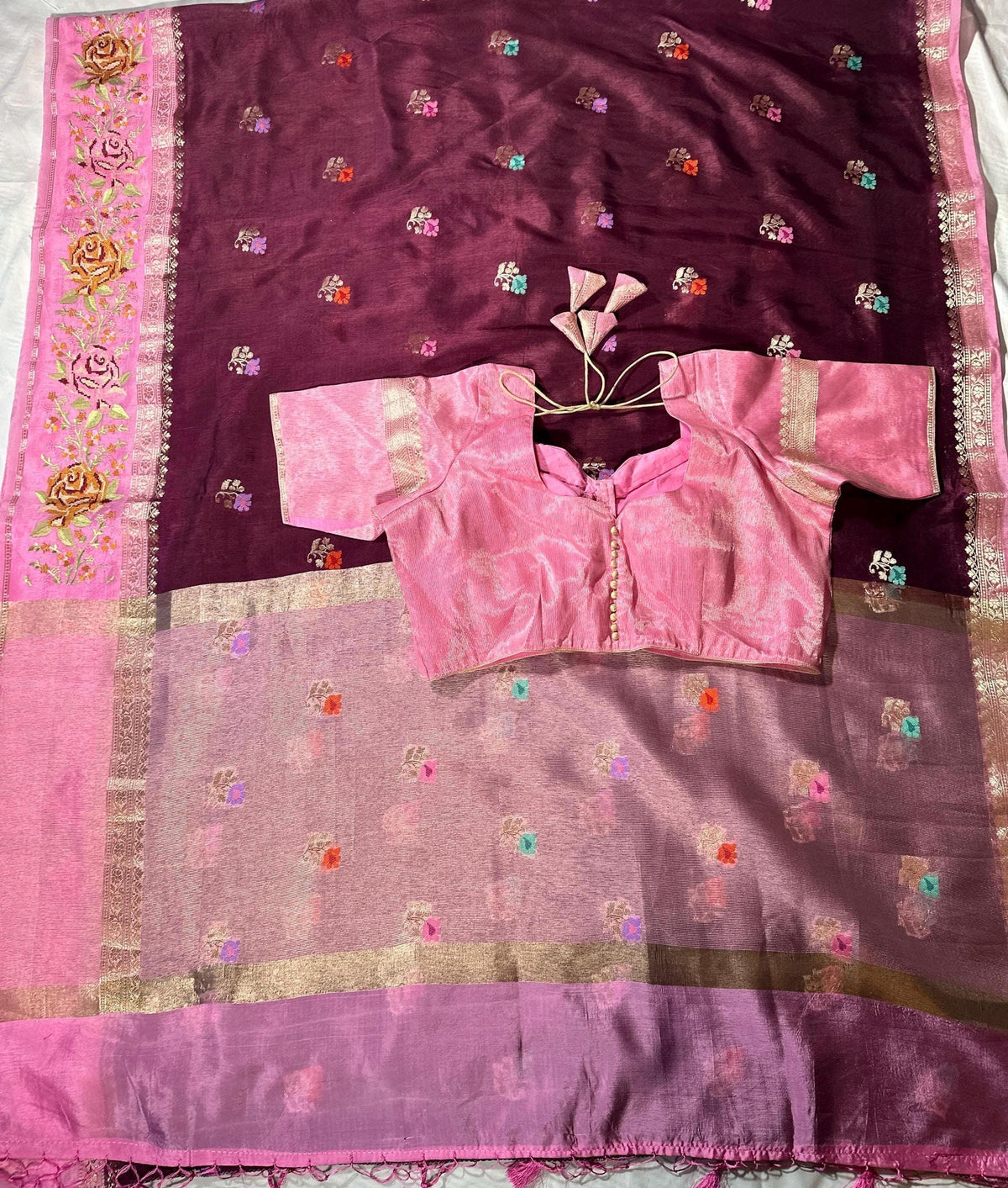 Pure Handloom Banarasi Heavy Petit Point Border Puna Chiniya Pattu Saree with Thread Butti Weaving, - additional product phot