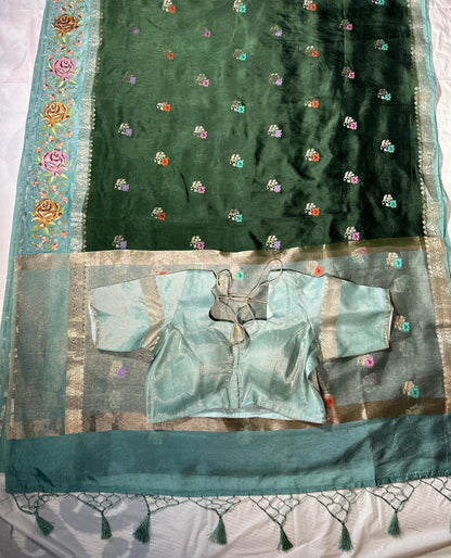 Pure Handloom Banarasi Heavy Petit Point Border Puna Chiniya Pattu Saree with Thread Butti Weaving, - additional product phot