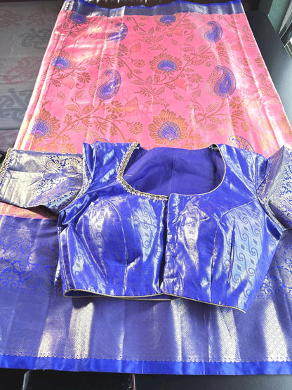 Premium Kanjivaram Semi Silk Saree with Stitched Blouse,  Maggam Work Blouse, Wedding Party Wear , Shipping in USA,