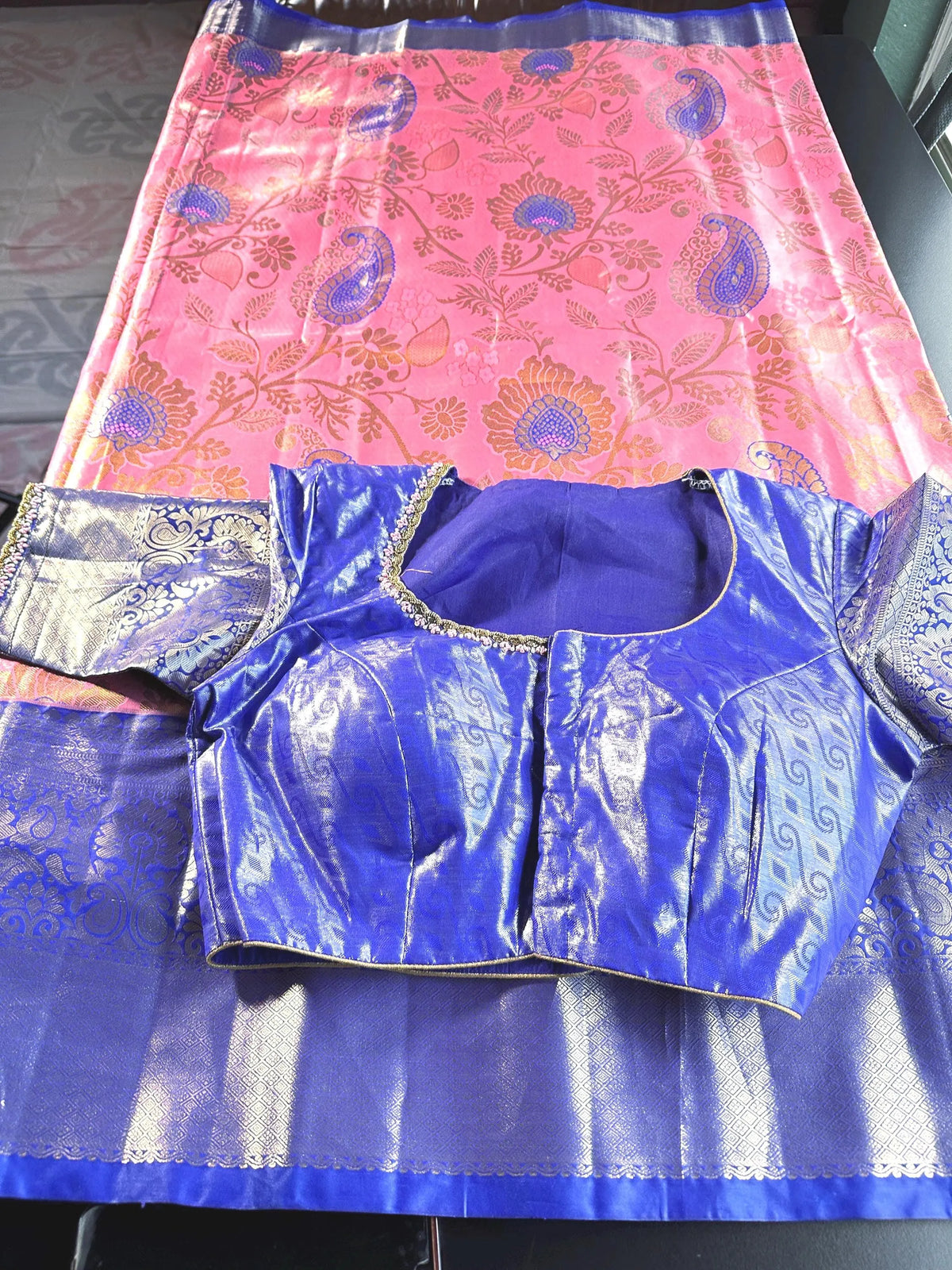 Premium Kanjivaram Semi Silk Saree with Stitched Blouse,  Maggam Work Blouse, Wedding Party Wear , Shipping in USA,