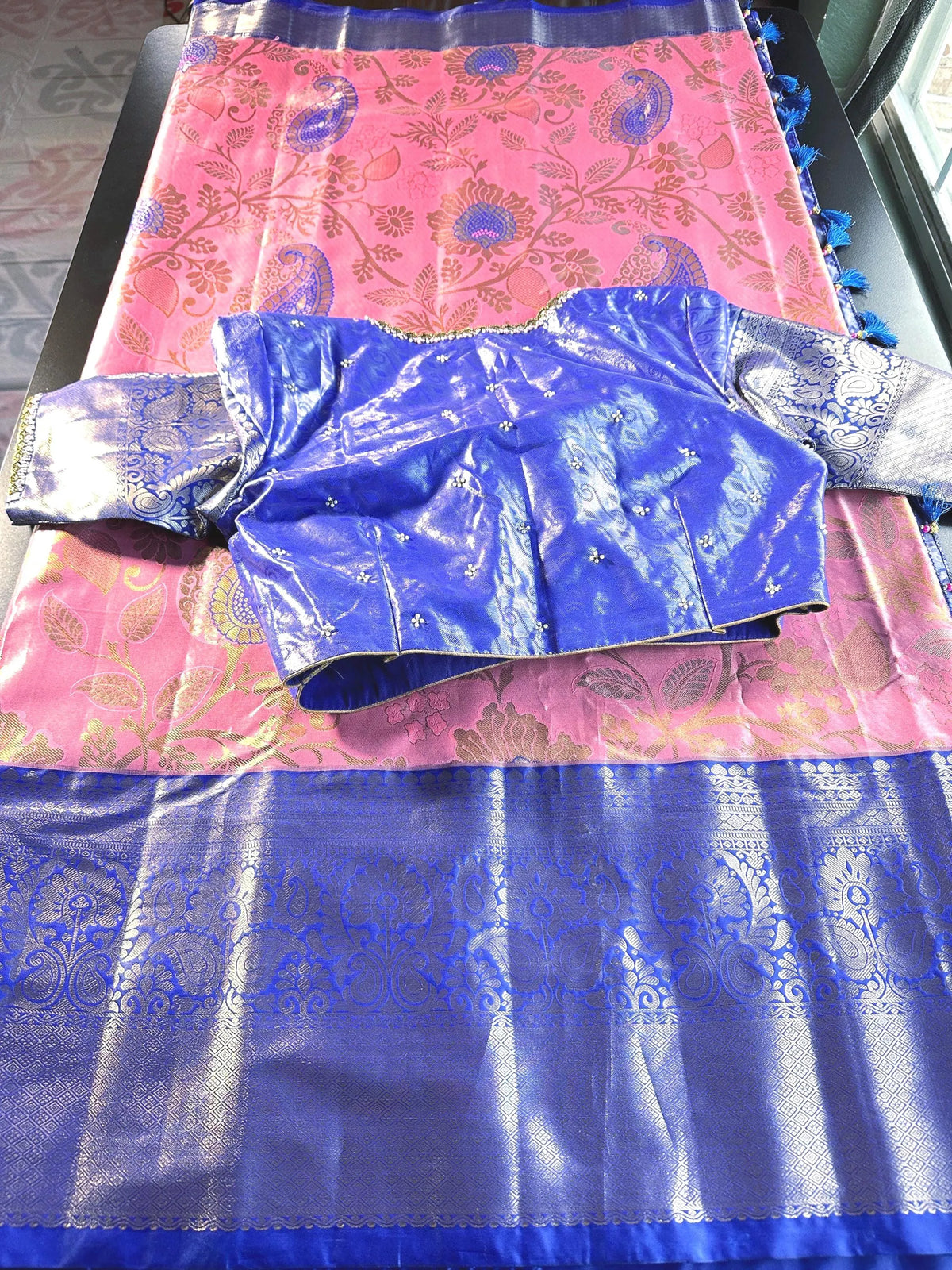 Premium Kanjivaram Semi Silk Saree with Stitched Blouse,  Maggam Work Blouse, Wedding Party Wear , Shipping in USA,