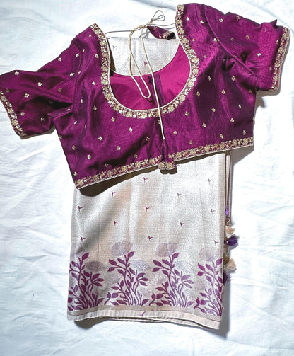 Fancy Tissue Kanjivaram Saree with Stitched Designer Embroidered Blouse, Floral Woven Saree, Indian Wedding Guest Saree,