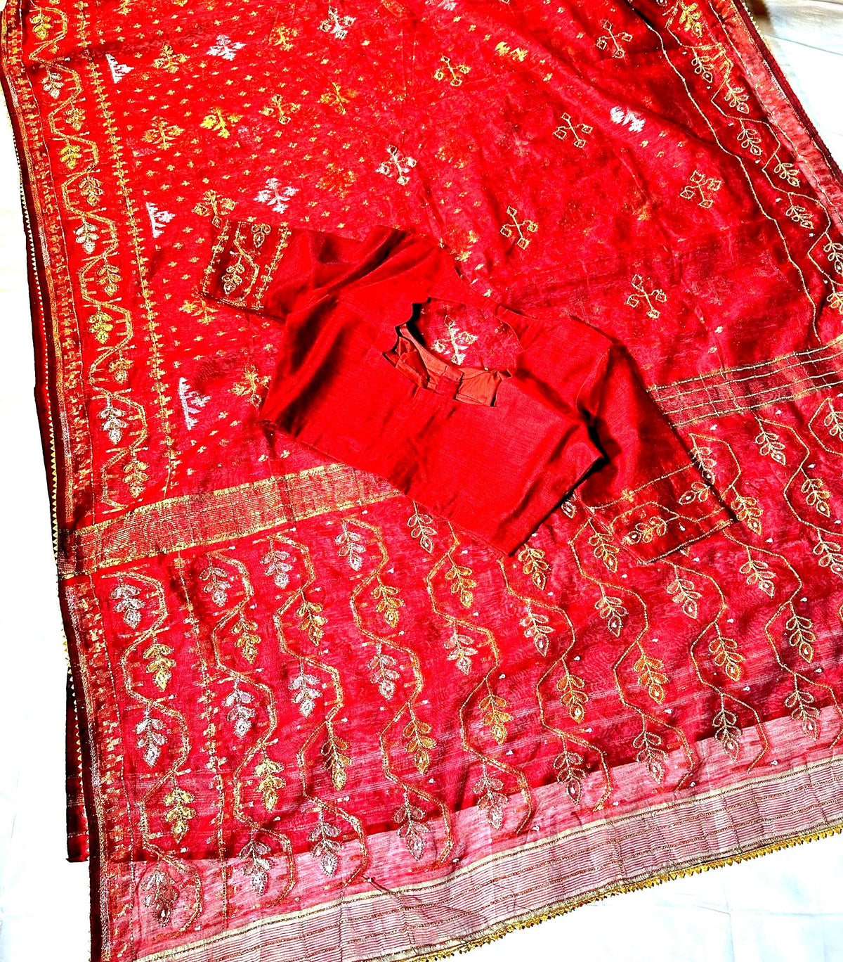 Jamdhani Kadthana Silk Sari with all over ari work with Stitched Blouse