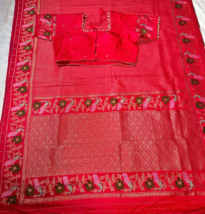 Moonga Georgette Saree with Stitched Blouse, Banarasi Meenakari Weaving & Contrast Zari Pallu - additional product photo 5