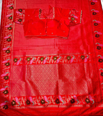 Moonga Georgette Saree with Stitched Blouse, Banarasi Meenakari Weaving & Contrast Zari Pallu - additional product photo 2