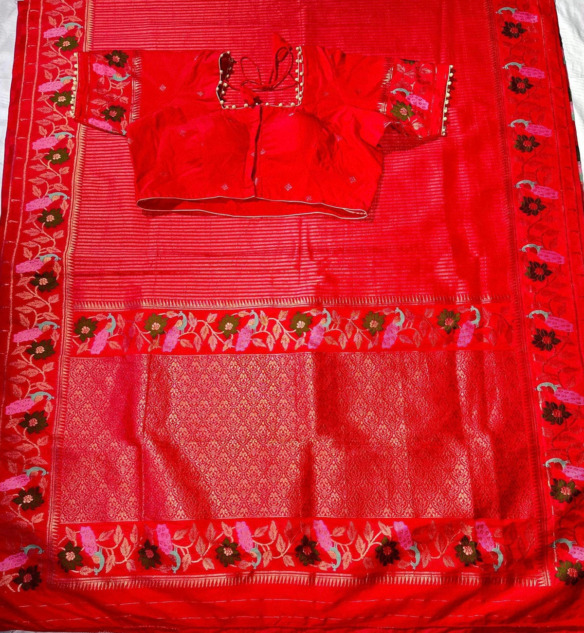 Moonga Georgette Saree with Stitched Blouse, Banarasi Meenakari Weaving & Contrast Zari Pallu - additional product photo 3