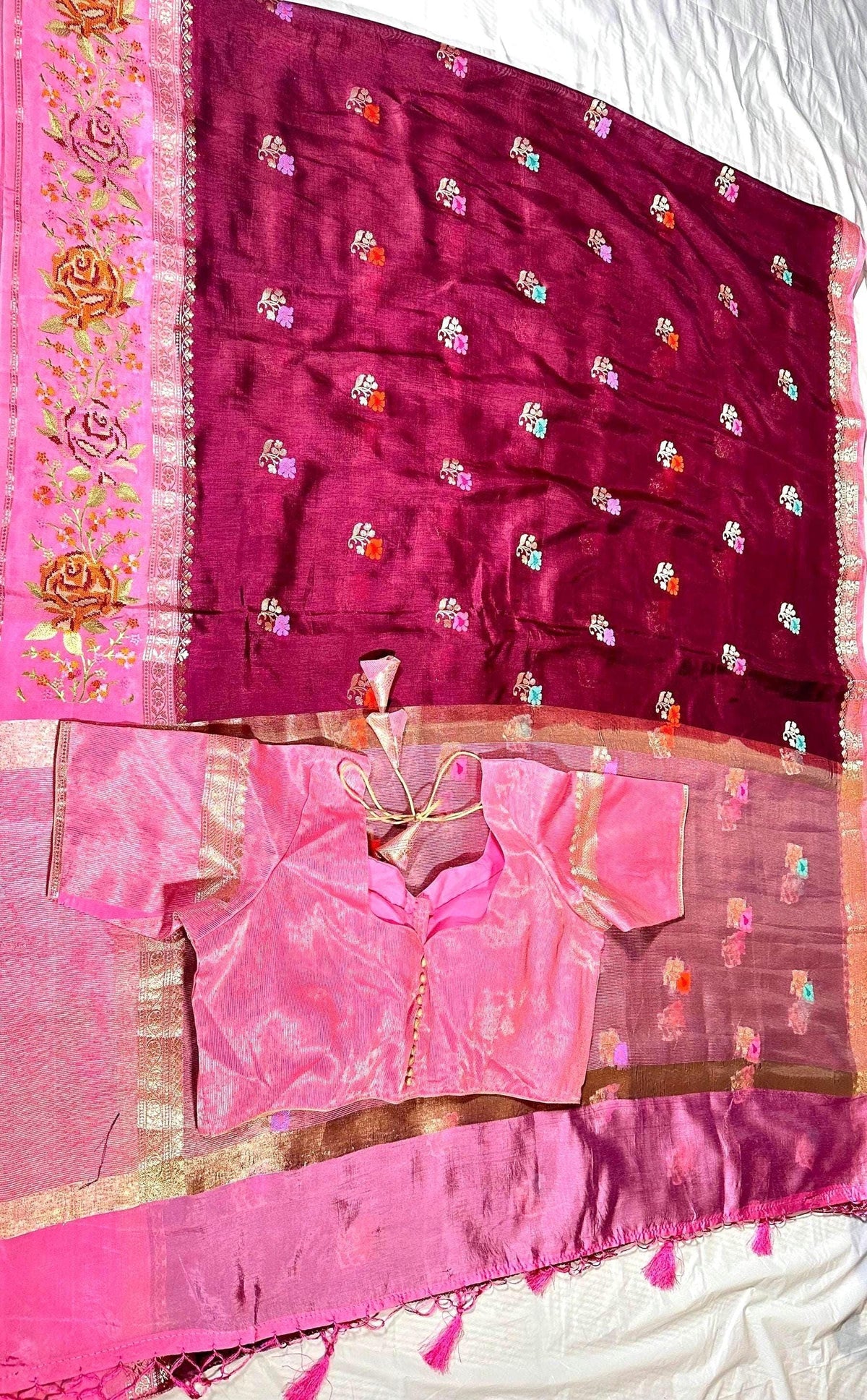 Pure Handloom Banarasi Heavy Petit Point Border Puna Chiniya Pattu Saree with Thread Butti Weaving, - additional product phot