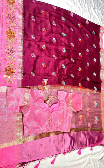 Pure Handloom Banarasi Heavy Petit Point Border Puna Chiniya Pattu Saree with Thread Butti Weaving, - additional product phot