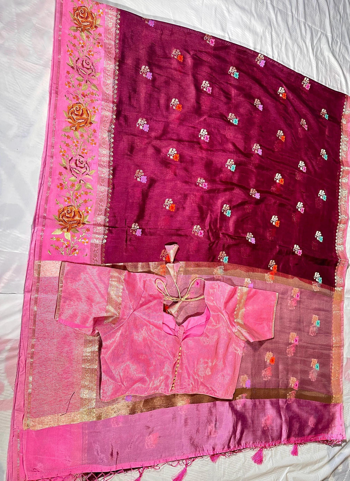 Pure Handloom Banarasi Heavy Petit Point Border Puna Chiniya Pattu Saree with Thread Butti Weaving, - additional product phot
