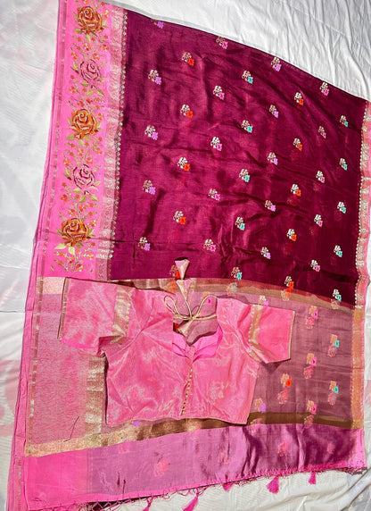 Pure Handloom Banarasi Heavy Petit Point Border Puna Chiniya Pattu Saree with Thread Butti Weaving, - additional product phot