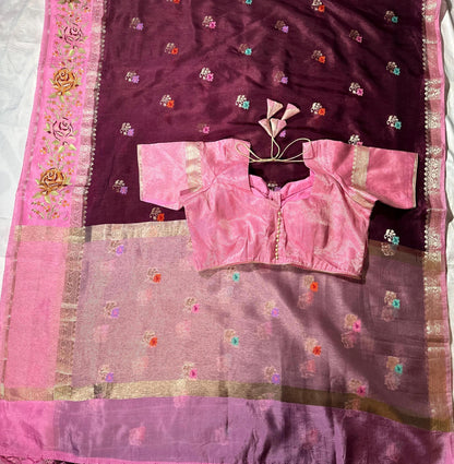 Pure Handloom Banarasi Heavy Petit Point Border Puna Chiniya Pattu Saree with Thread Butti Weaving, - additional product phot