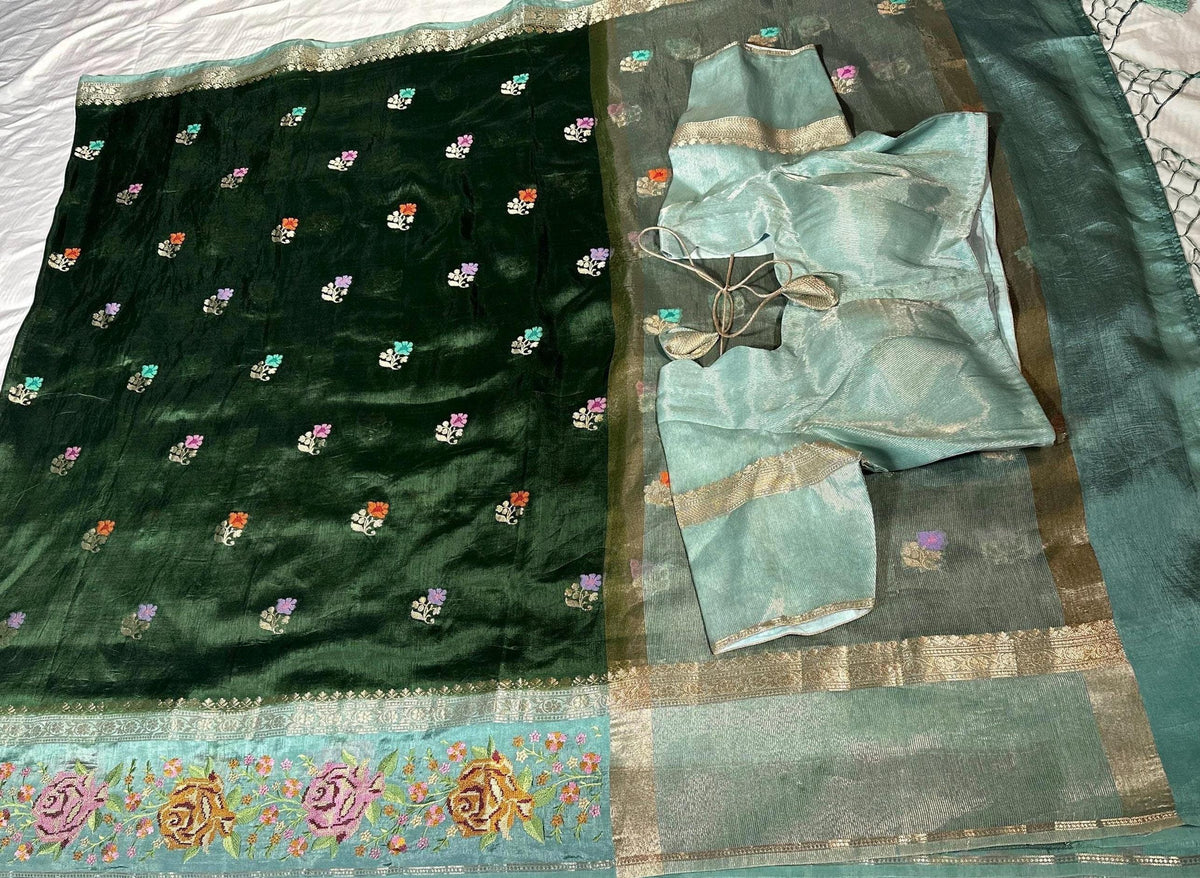Pure Handloom Banarasi Heavy Petit Point Border Puna Chiniya Pattu Saree with Thread Butti Weaving,