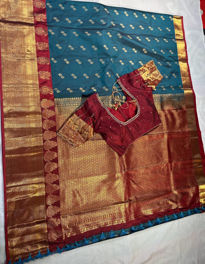 Blue Premium Kanjivaram Double Border Silk Saree Heavy Maggam Work Stitched Blouse