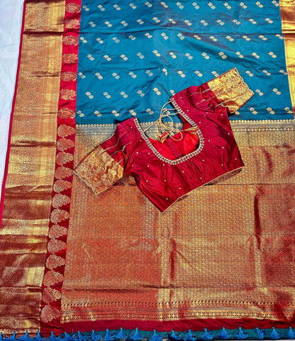 Blue Premium Kanjivaram Double Border Silk Saree Heavy Maggam Work Stitched Blouse