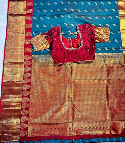 Blue Premium Kanjivaram Double Border Silk Saree Heavy Maggam Work Stitched Blouse