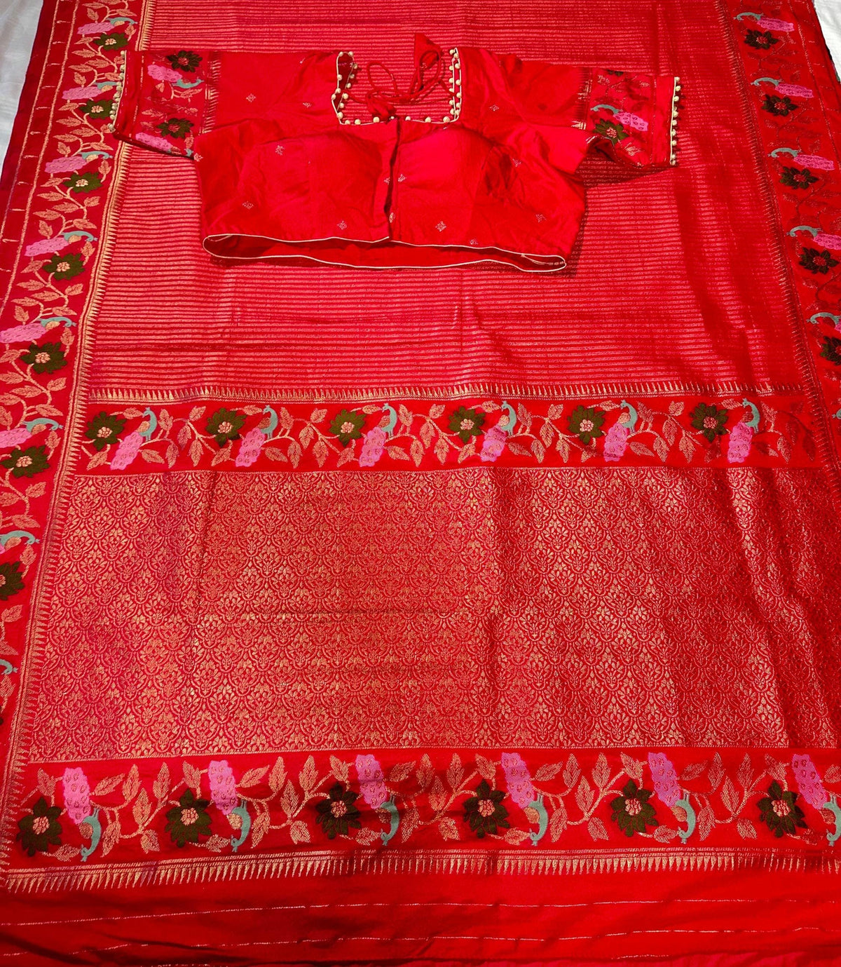 Moonga Georgette Saree with Stitched Blouse, Banarasi Meenakari Weaving & Contrast Zari Pallu - additional product photo 4