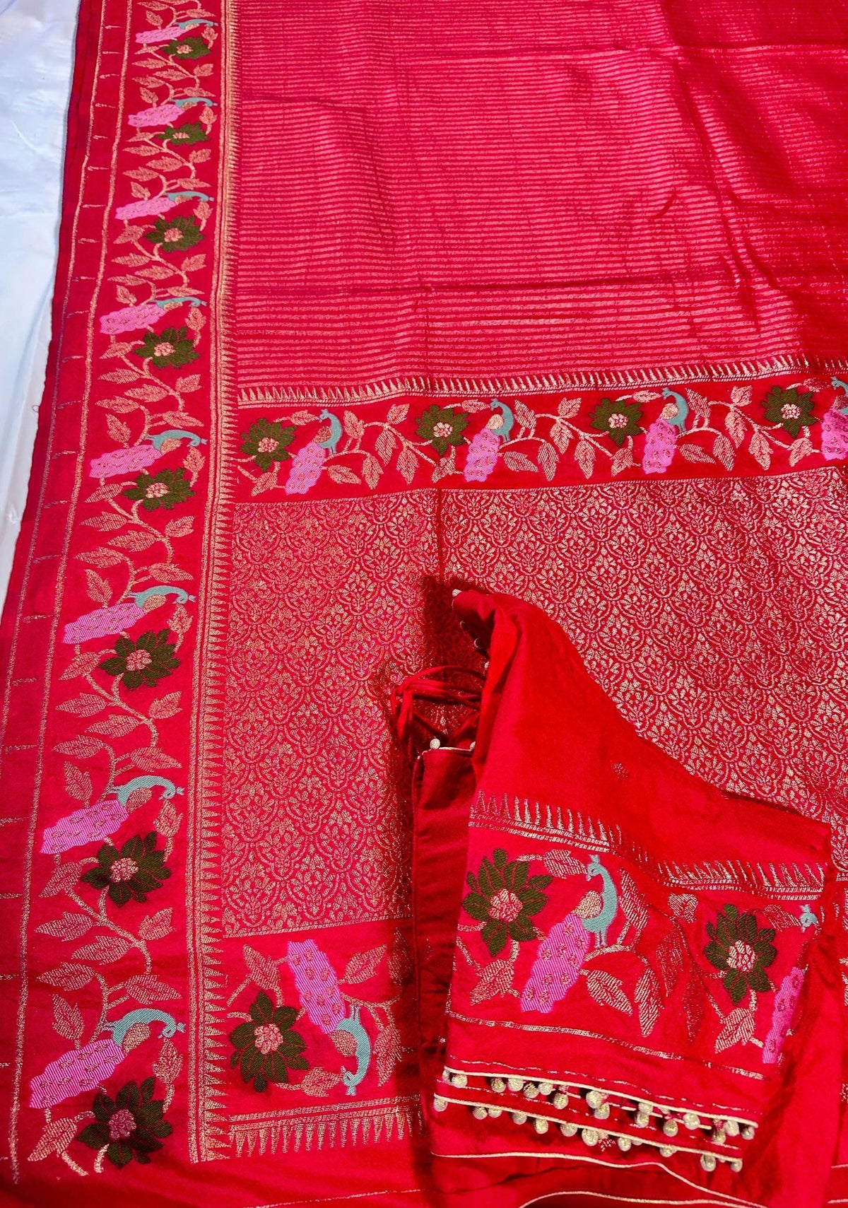 Moonga Georgette Saree with Stitched Blouse, Banarasi Meenakari Weaving & Contrast Zari Pallu - additional product photo 6
