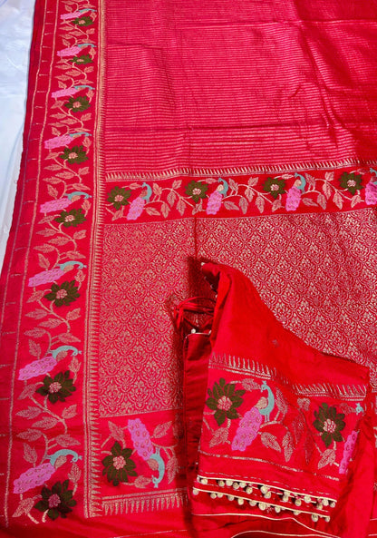 Moonga Georgette Saree with Stitched Blouse, Banarasi Meenakari Weaving & Contrast Zari Pallu - additional product photo 6