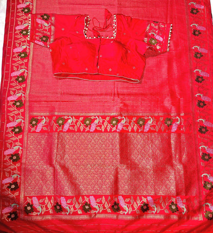 Moonga Georgette Saree with Stitched Blouse, Banarasi Meenakari Weaving & Contrast Zari Pallu - additional product photo 9
