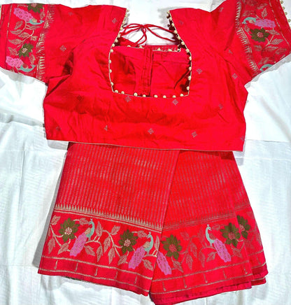 Moonga Georgette Saree with Stitched Blouse, Banarasi Meenakari Weaving & Contrast Zari Pallu