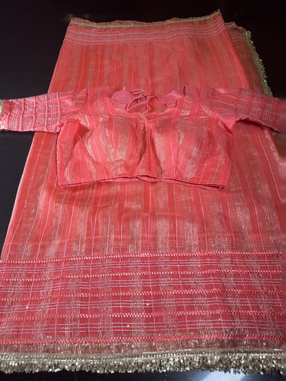 Women Soft Tissue Silk Saree with Weaving Sequin Ribbon Work &amp; Fancy Lace Peach Color | Party Wear Saree | Shipping from USA Peach