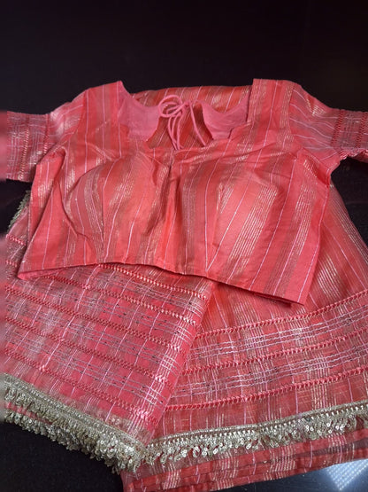 Women Soft Tissue Silk Saree with Weaving Sequin Ribbon Work &amp; Fancy Lace Peach Color | Party Wear Saree | Shipping from USA Peach