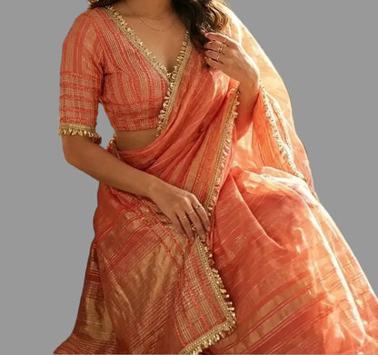 Women Soft Tissue Silk Saree with Weaving Sequin Ribbon Work &amp; Fancy Lace Peach Color | Party Wear Saree | Shipping from USA Peach